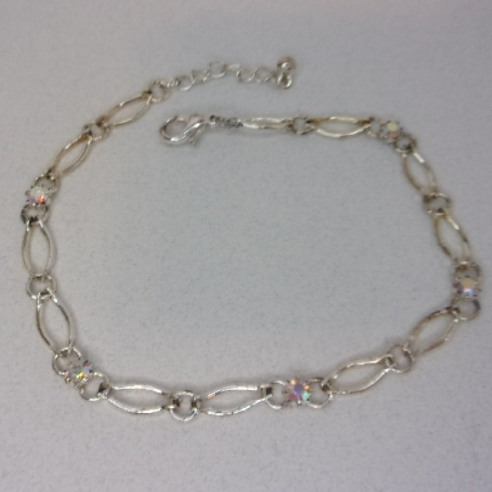 Silver Tone Rhinestone Ankle Bracelet Up To 10" L